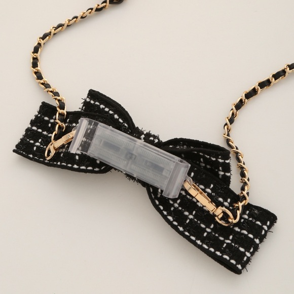 Embellished, Cell phone, tweed bow & metal & vegan leather chain strap - Picture 4 of 5